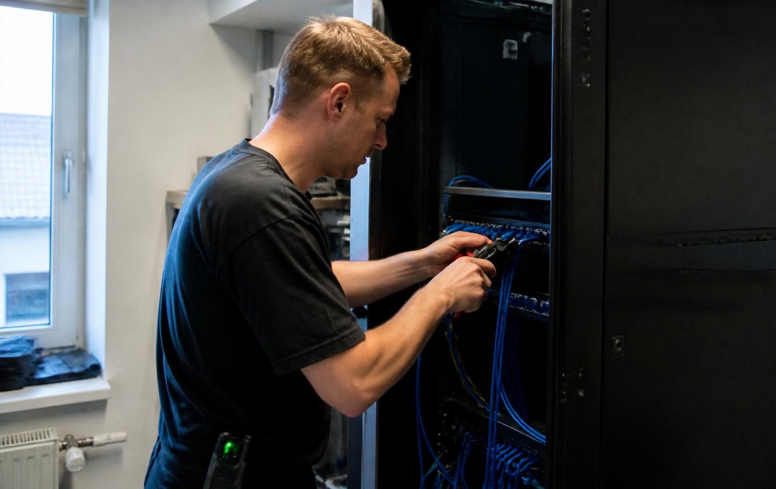 Tekniker terminerer Cat6-kabler i patchpanel i netværksskab