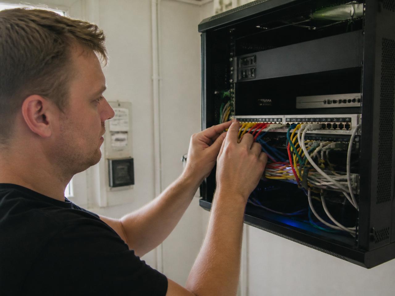 Netværksrack med patchpanel og PoE-switch